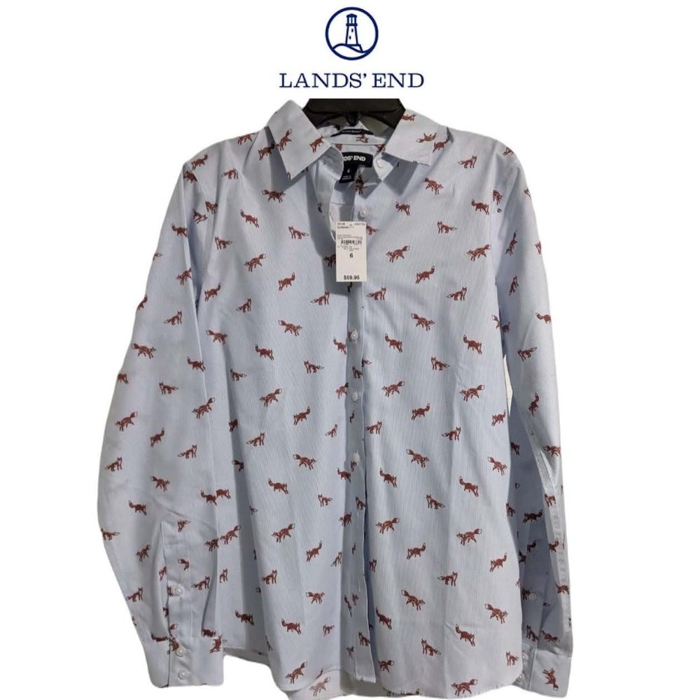 Lands End Size 6 Button-Up Blue/White Stripe Fox Shirt